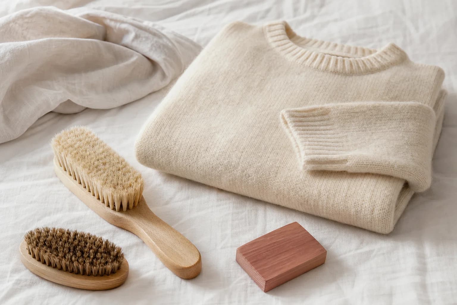 Pull en laine ivoire plié à côté d’une brosse en bois et d’un bloc de cèdre